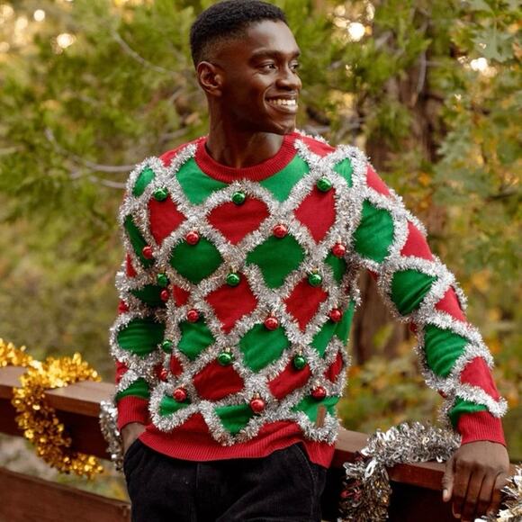 MEN'S UGLY CHRISTMAS SWEATER W/TINSEL - Picture 1 of 9